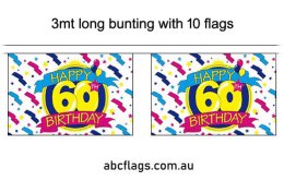 Happy 60th Birthday bunting 3mt long with 10 flags