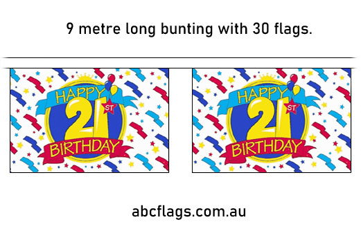 Happy 21st Birthday bunting 9mt long with 30 flags