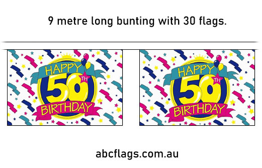 Happy 50th Birthday bunting 9mt long with 30 flags