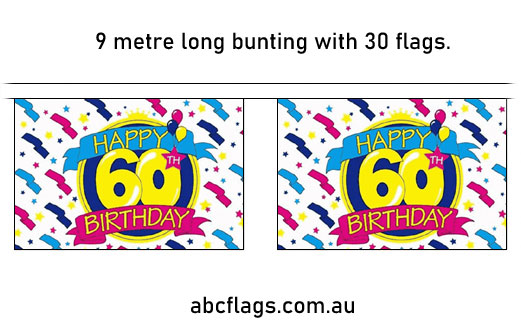 Image of Happy 60th Birthday bunting 9mt long with 30 flags