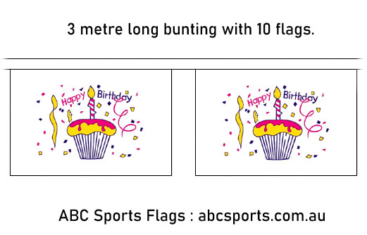 Image of Happy Birthday Cupcake flag bunting 3mt long with 10 flags