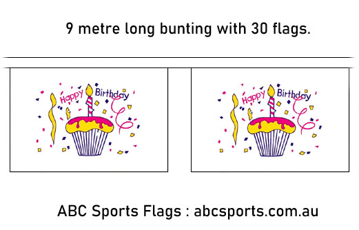 Image of Happy Birthday Cupcake flag bunting 9mt long with 30 flags