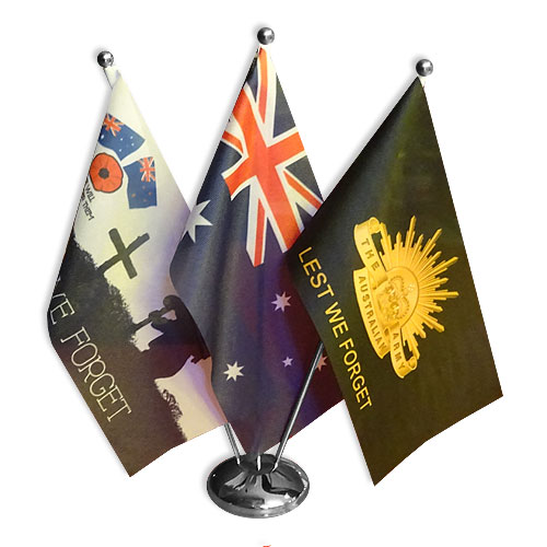 Image of Lest We Forget ANZAC 3 flag set with chrome stand